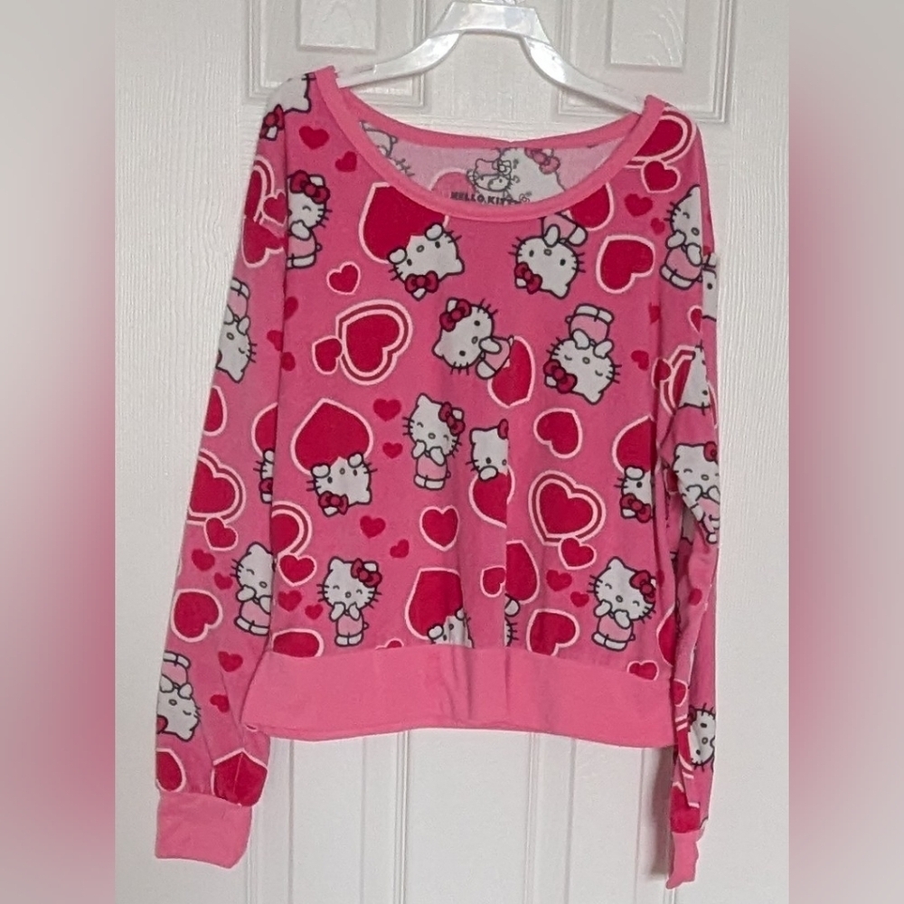 Hello Kitty Kids (Small) Pink Fleece Long Sleeve Pyjama Top/Sweatshirt w/Hearts
